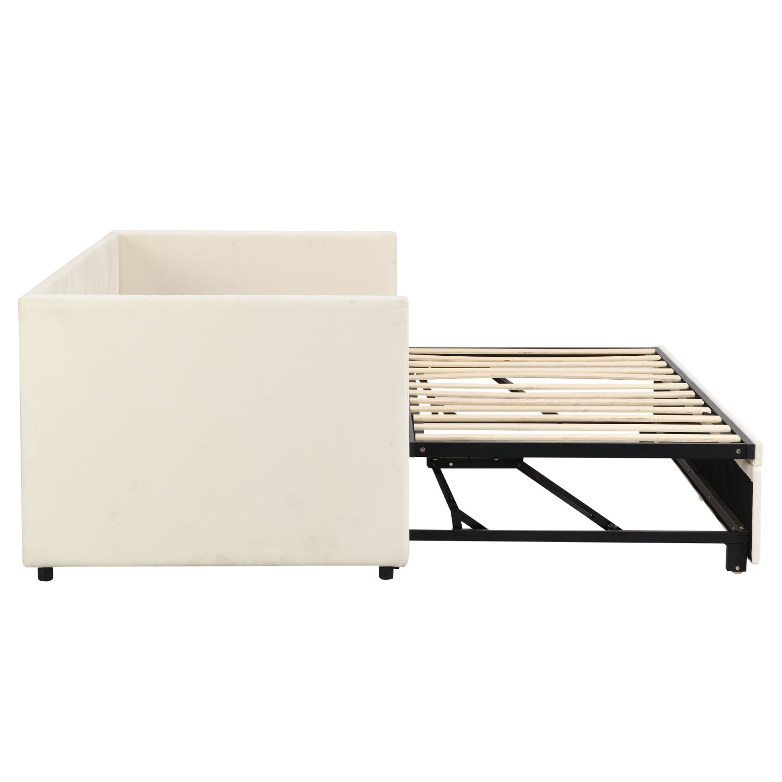 Canapé convertible lit 90/180x200 cm, avec lit gigogne, sommier à lattes, structure métallique, revêtement en velours, lit double - Beige - 8