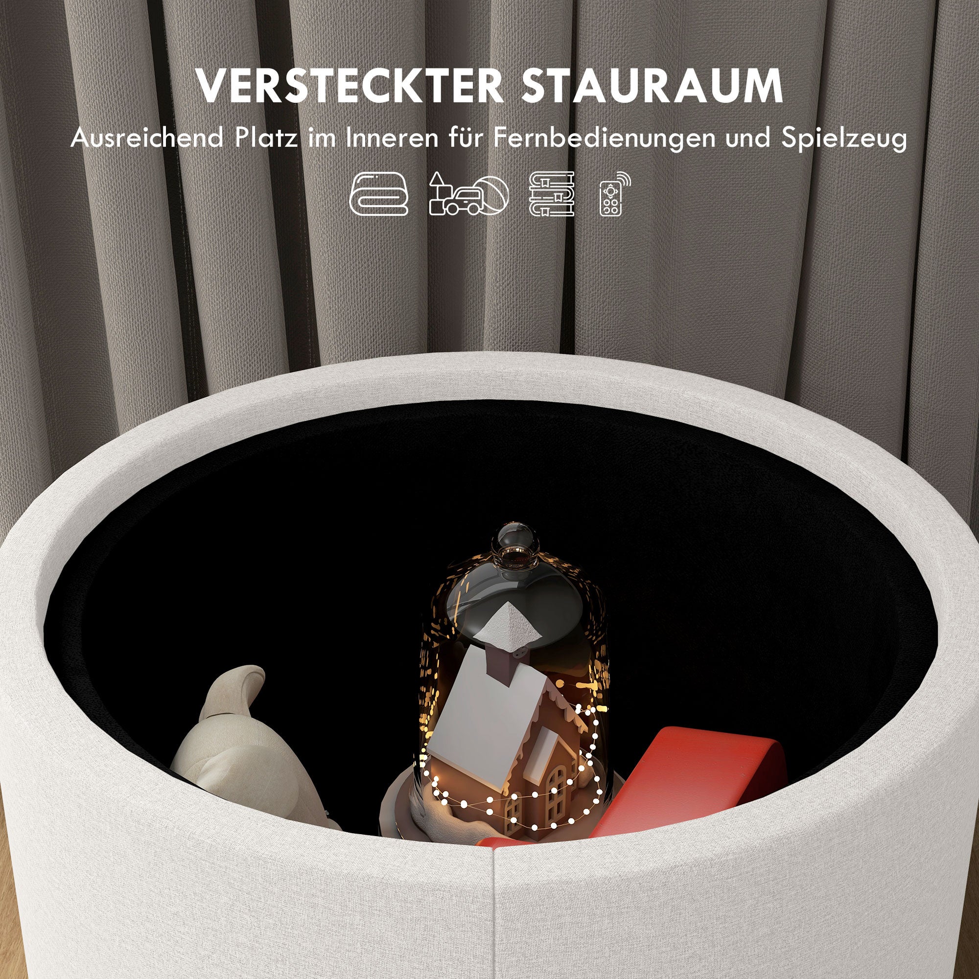 Tabouret rembourré en lin, rangement dissimulé, couvercle réversible, 56 cm x 56 cm x 42 cm, crème et naturel - 5