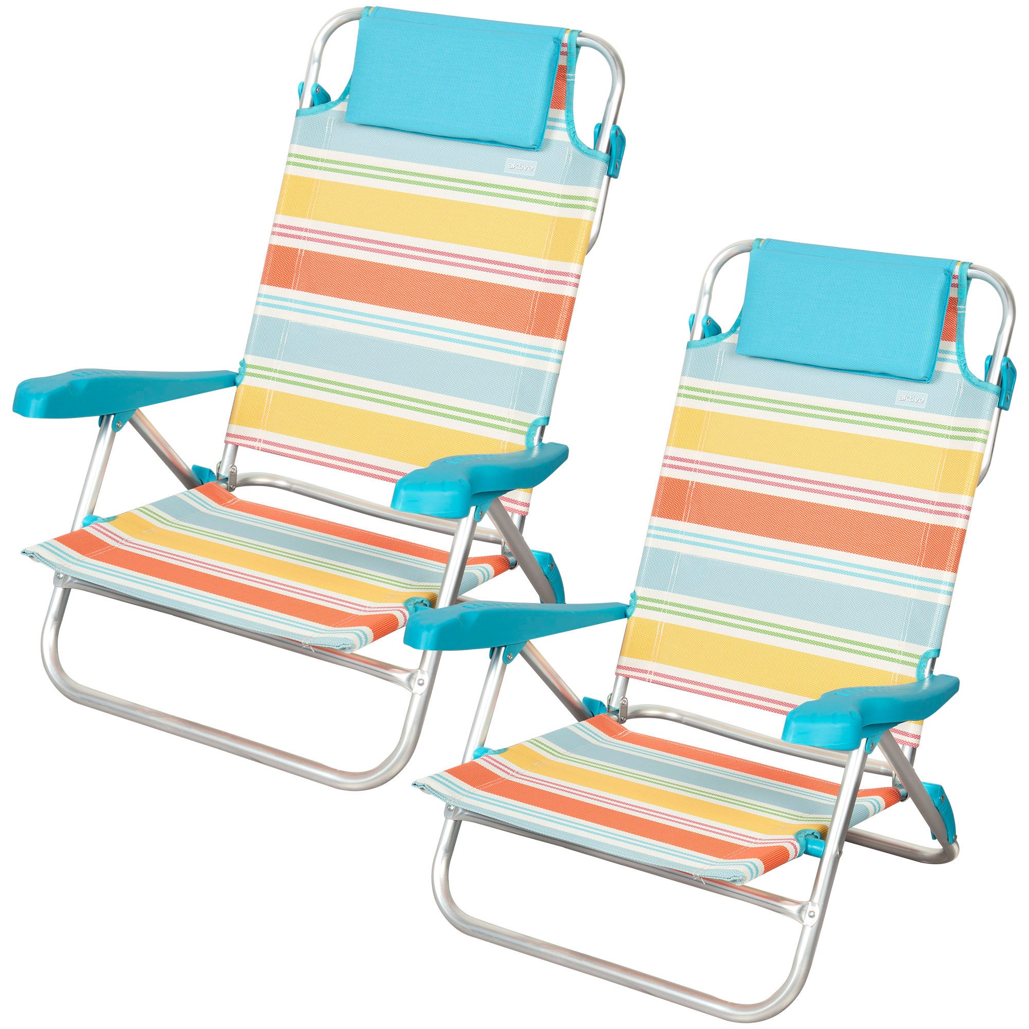 Aktive pack 2 sillas plegables playa 48x60x90 cm rayas multicolor 7 posiciones con cojín