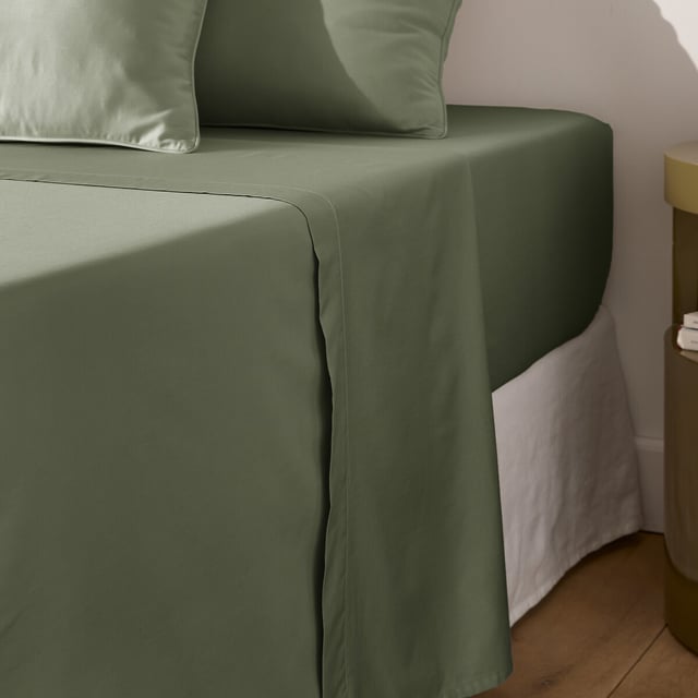 Drap plat uni en satin de coton, Opale - Eucalyptus - 270 x 290 cm