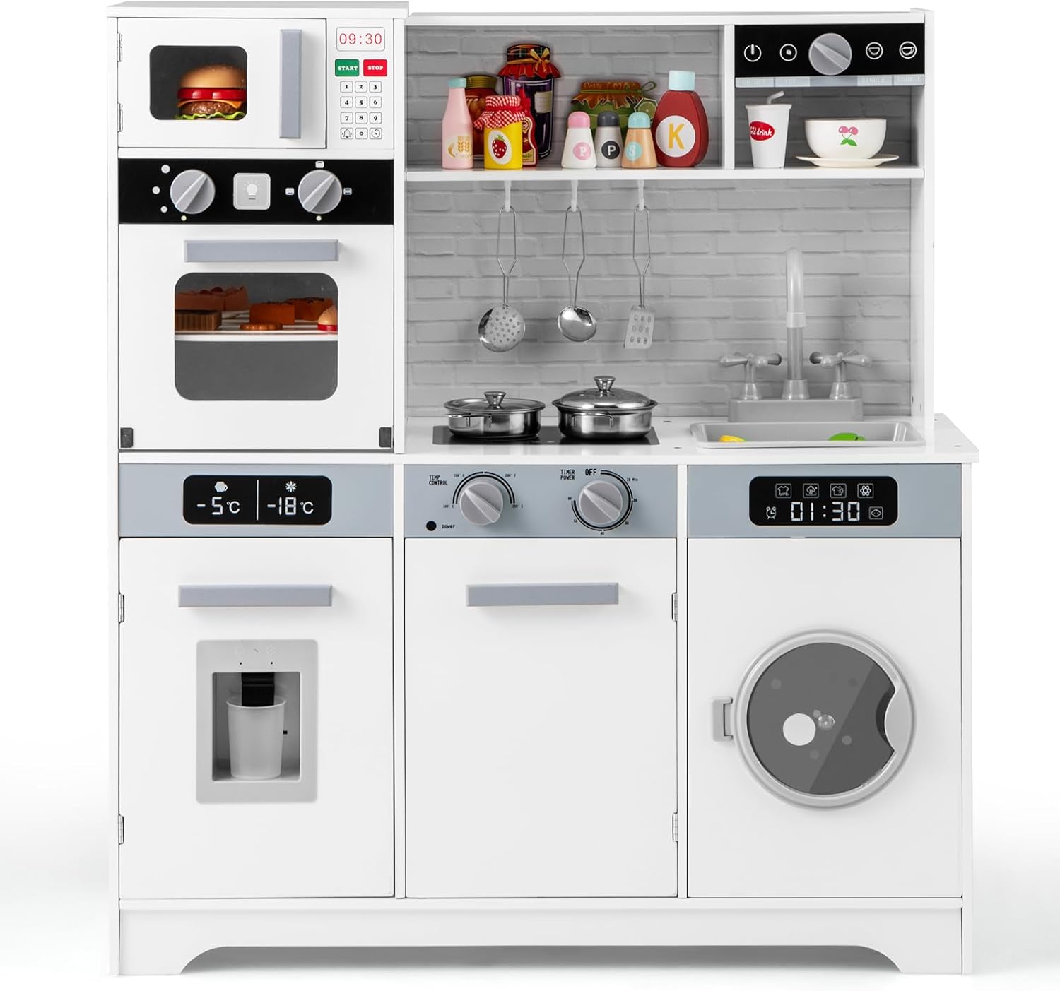 Cuisine Enfant avec Distributeur d’Eau & Machine à Laver, Cuisiniere Enfant avec Lumière & Effet Sonore,Micro-Ondes & Cafetière,Jeu de Cuisine - 8