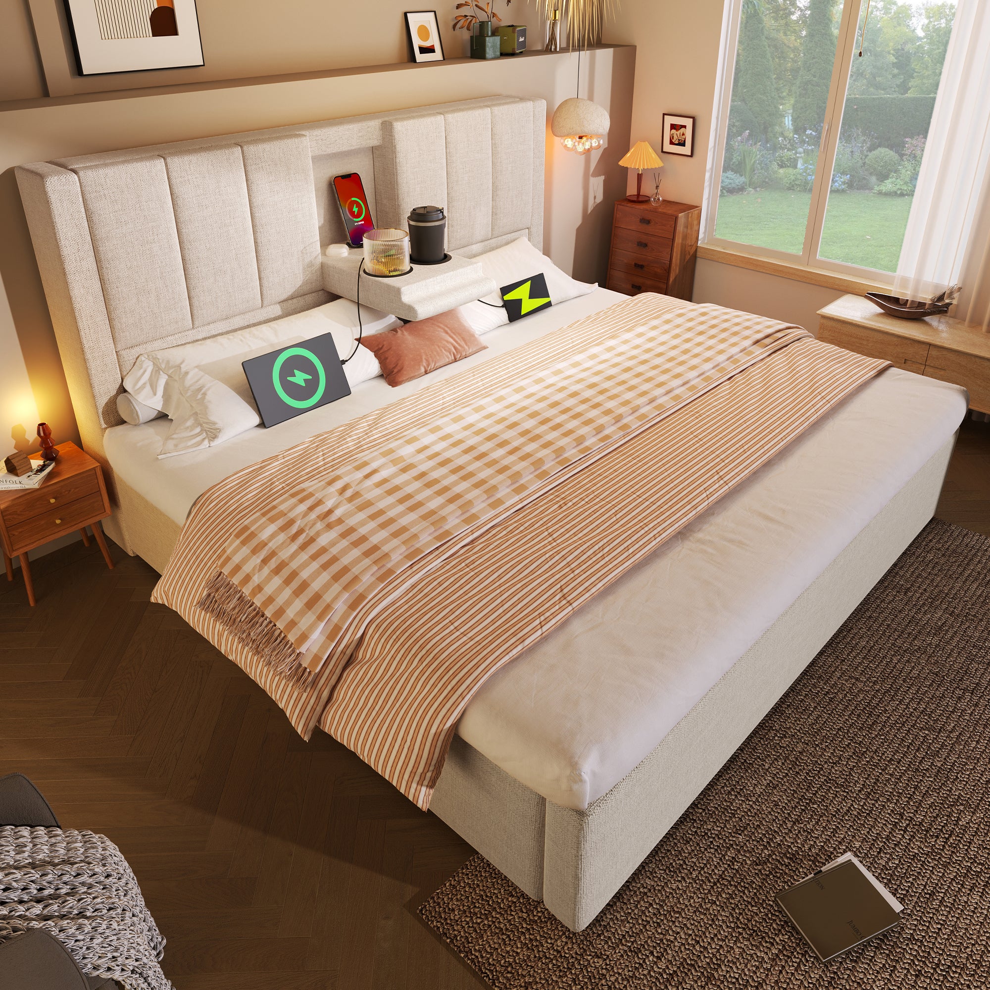 Lit coffre 140 x 190 cm avec porte-gobelet caché et station de charge - Tissu en lin et sommier à lattes - Beige (matelas non inclus) - 8