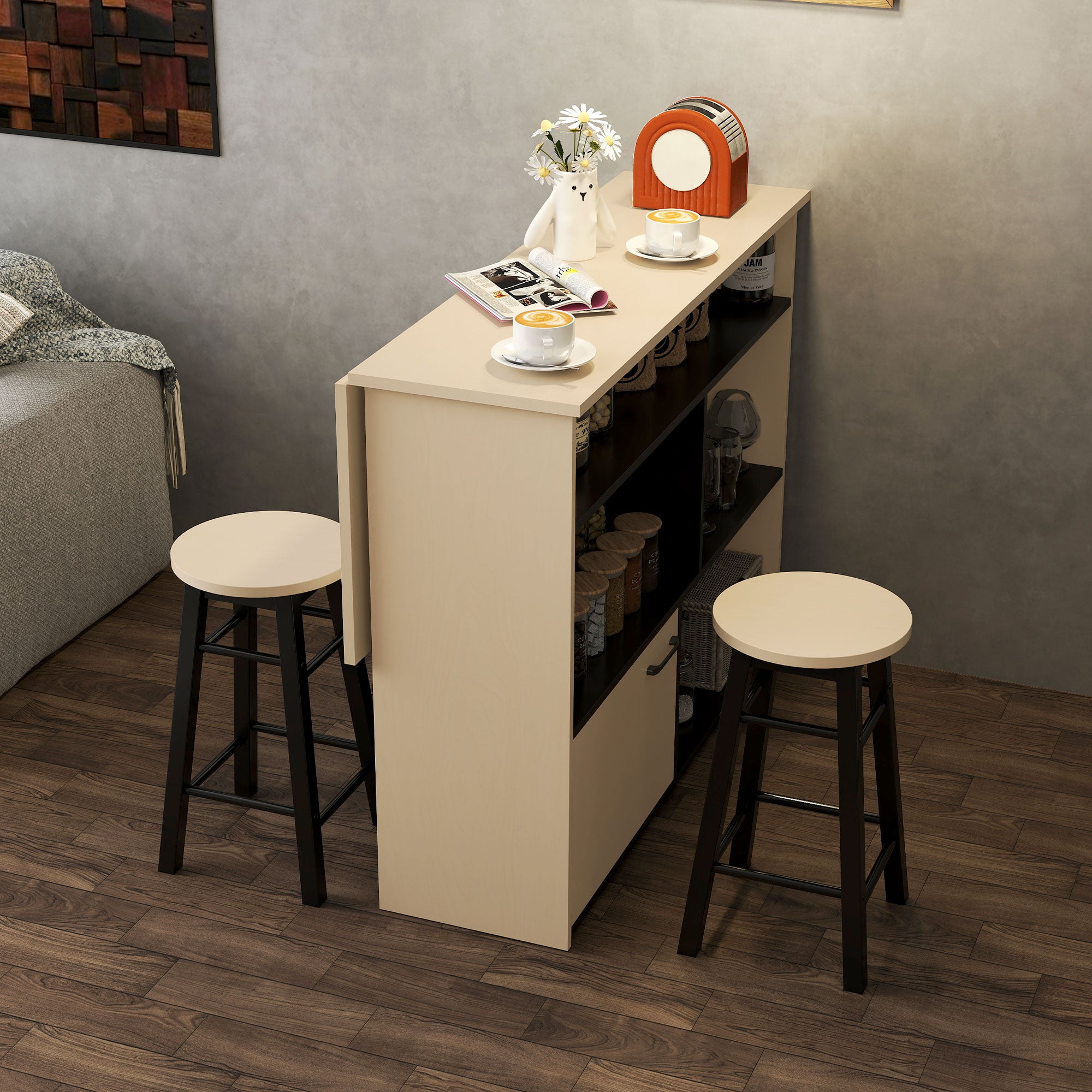 Ensemble bar 3 pièces,table de bar avec plateau rabattable,2 tabourets de bar,6 compartiments de rangement,noir et chêne,116x70x89,5cm - 9