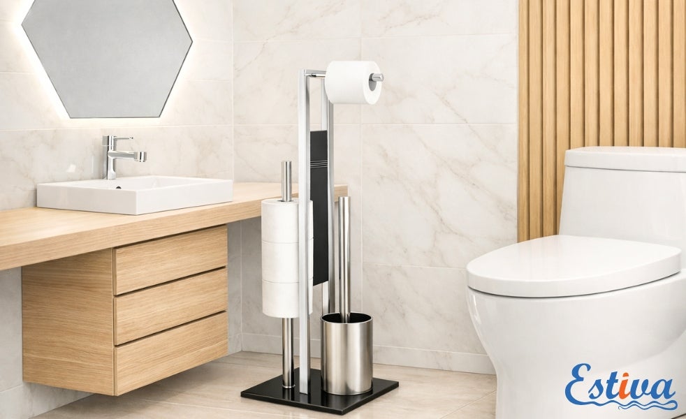 Stojak łazienkowy na papier toaletowy i szczotka wc Estiva Glass Chrom wolnostojący chrom ze szkłem 1 szt. - 8