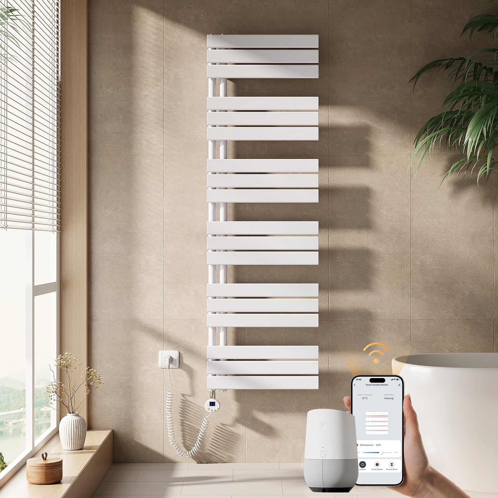 EMKE Grzejnik elektryczny łazienkowy 160x50cm - Inteligentne Sterowanie z Programatorem Tygodniowym w Aplikacji - 1000W - Biały