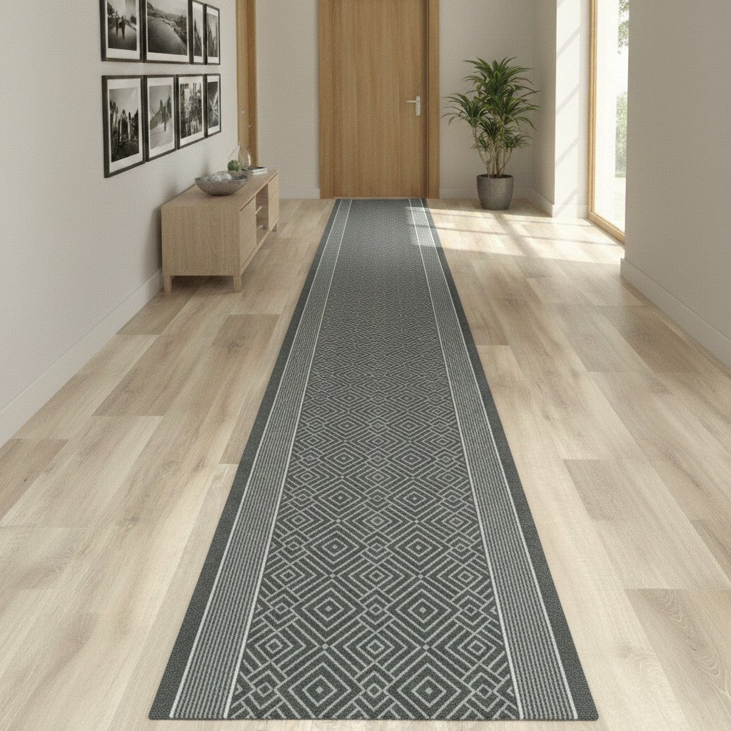 Alfombra pasillera diamantina antideslizante, cortable sin ribetes, diseño de rombos. para escaleras, entradas, pasillos y cocina ( plata 67x575 cm)