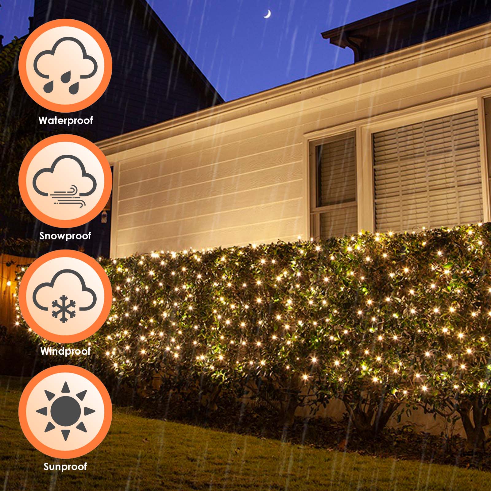 4.5x1.6M Rete luminosa solare Bianco caldo Catena luminosa con 8 modalità Tenda luminosa natalizia all'interno all'esterno - 2