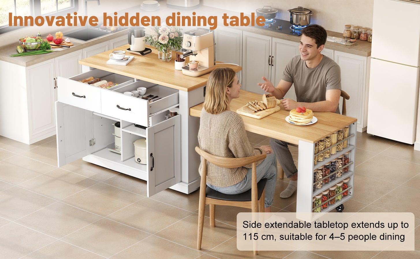 Isola da cucina mobile 142-340 cm, 2 piani estensibili, 2 cassetti, ruote, MDF bianco - 7