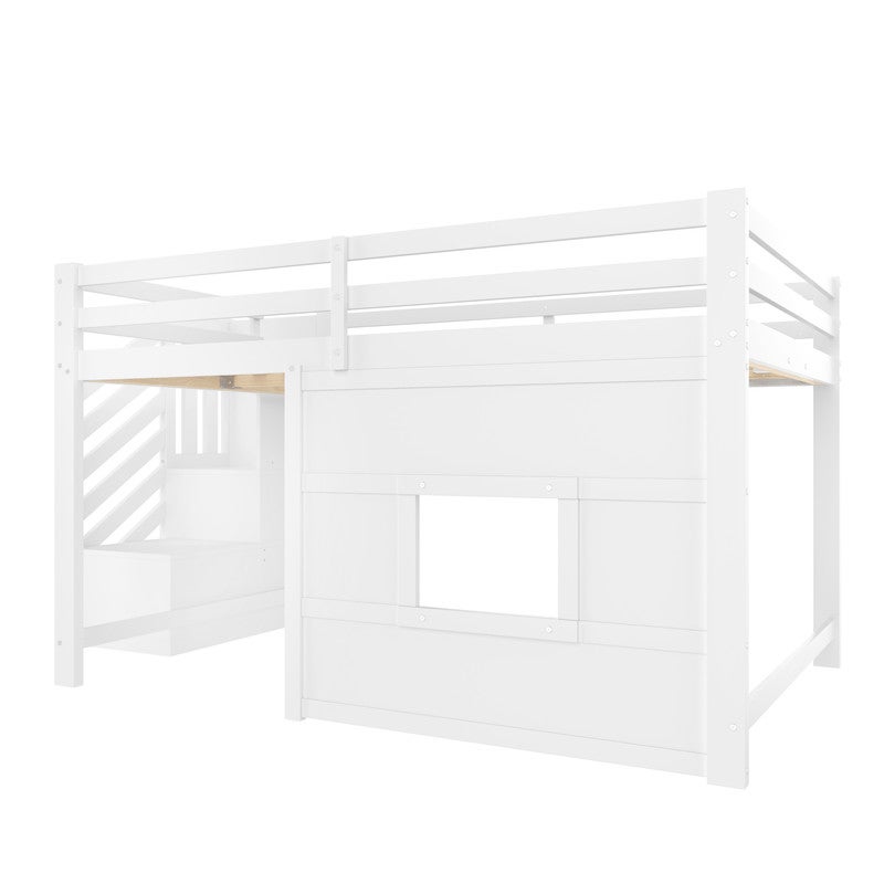 Lit mezzanine 140x200 cm avec Éclairage LED, lit superposé avec escalier Rangement et Fenêtre Ludique, lit enfant avec sommier à lattes, blanc - 6