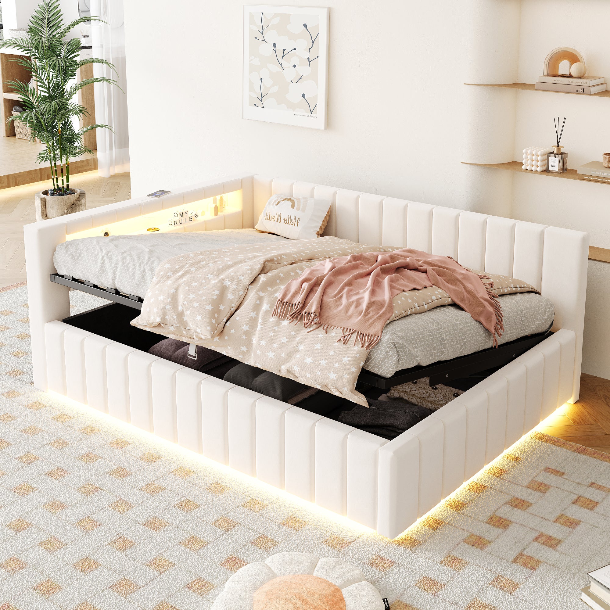 Łóżko z pojemnikiem 140 x 200 cm z zagłówkiem - Aksamit - Gniazda USB i LED - Beżowe (bez materaca)