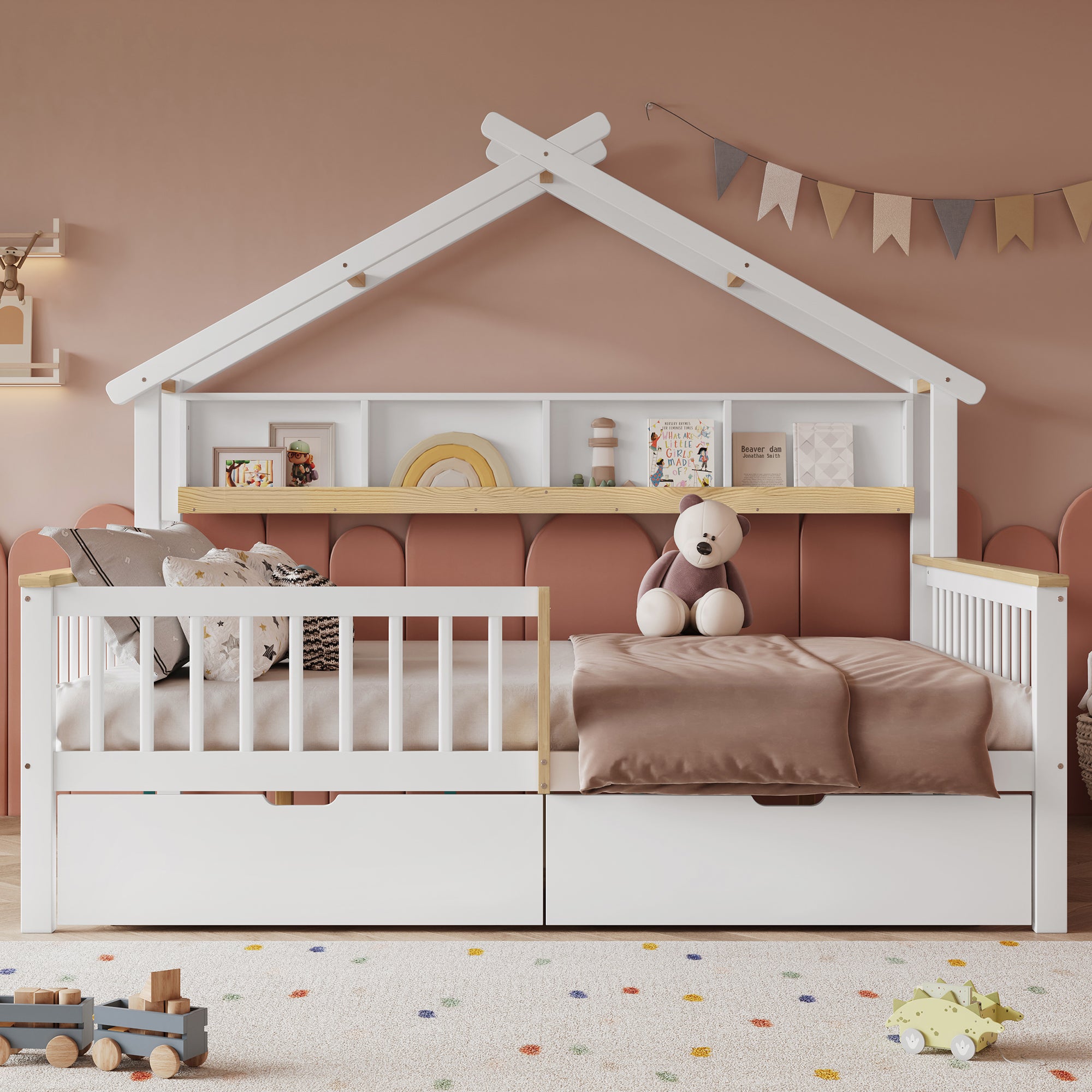 Łóżko dziecięce 140x200cm - z 2 szufladami - z daszkiem - ze schowkiem - MDF + Lite drewno - Biały + Naturalny (bez materaca)