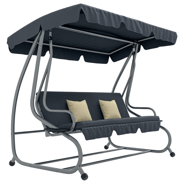 Balancelle de jardin 3 places convertible 2 tablettes coussins gris