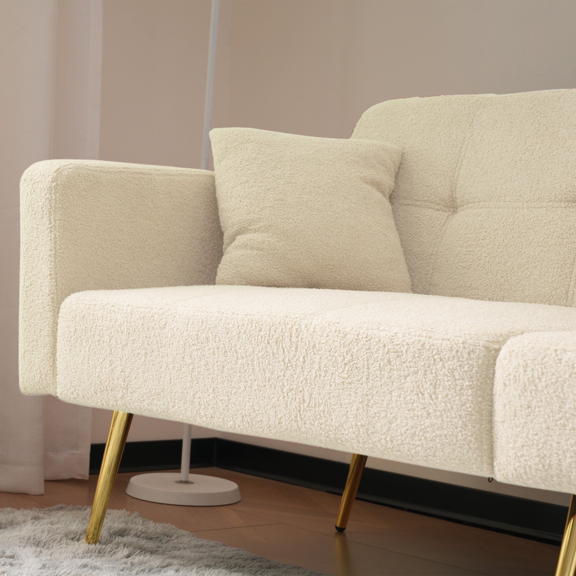 Canapé-lit 175x64x72cm inclinable avec fonction lit et rangements latéraux - Pieds dorés et coussin inclus - beige - 7