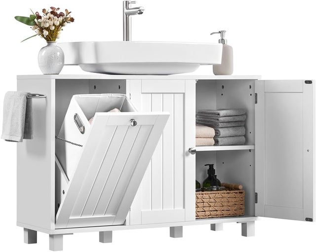 Meuble Salle de Bain avec Panier à Linge Intégré, Meuble sous Lavabo avec Panier à Linge Intégré,90 × 30 × 62,5 cm, Blanc