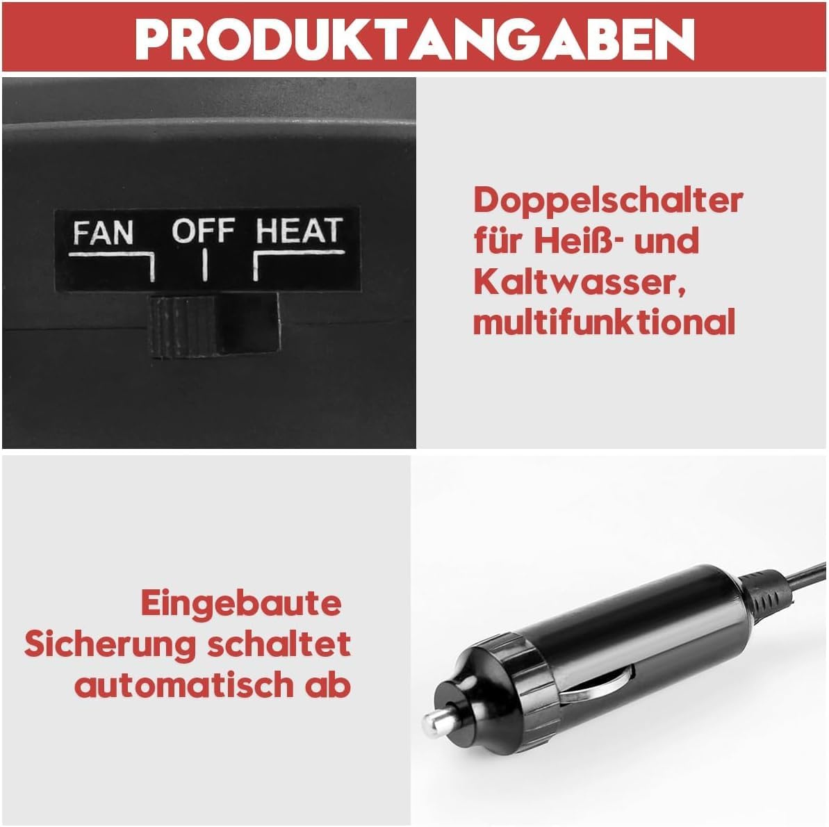 Ogrzewanie samochodowe 2 w 1 12 V 150 W, odmrażacz szyby przedniej, chłodziarka i zapalniczka samochodowa, czerwone. - 2