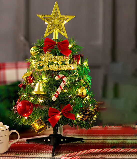 Árbol de Navidad de escritorio de 60 cm con luces, árbol de Navidad con adornos, mini árbol de Navidad, adornos, decoración del hogar (luz cálida)