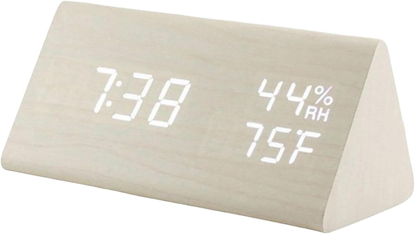 Réveil électronique LED en bois avec affichage de l'humidité, idéal comme cadeau de chevet ou de bureau - Blanc - 2