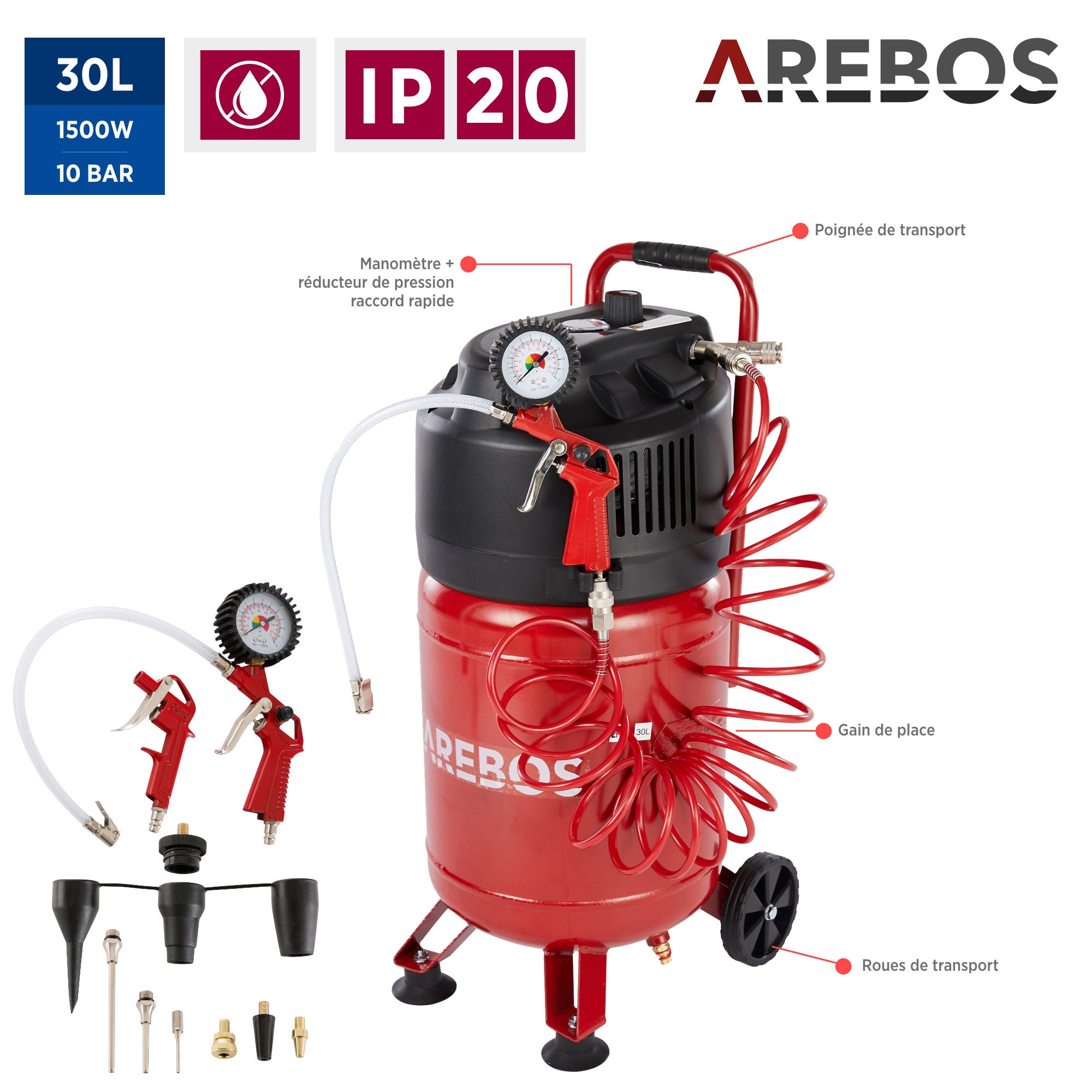 AREBOS Compresseur d'air avec kit d'accessoires 13 pièces mobil Sans huile Arrêt automatique Capacité : 30 litres - 5