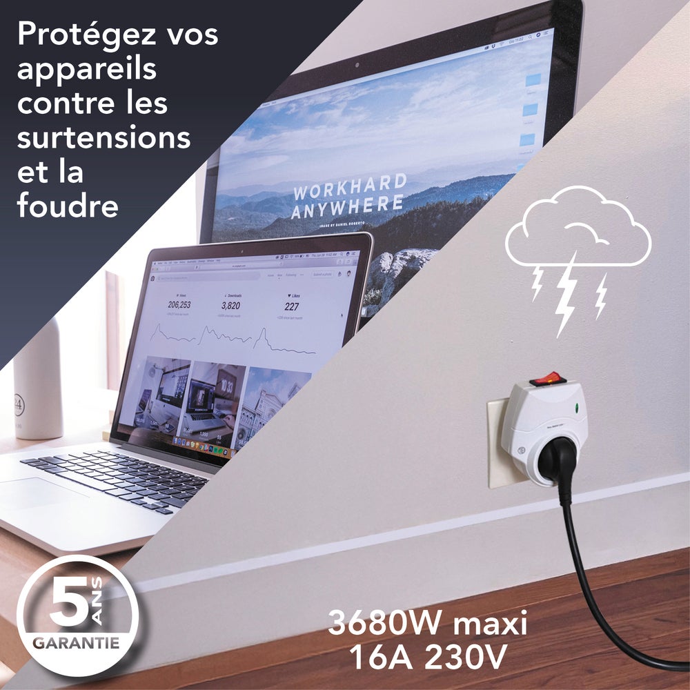 Prise parasurtenseur et parafoudre, voyant de fonctionnement, 16A, 3680W max - Tibelec - 2