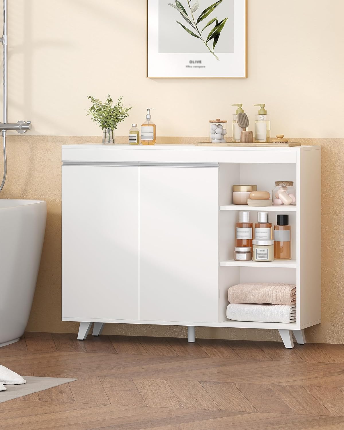 Mobile da Bagno, Armadio di stoccaggio, Mobile da cucina, con 3 Ripiani Aperti Regolabili e 2 ante, moderno, per Bagno, Soggiorno, Ingresso, Bianco - 2