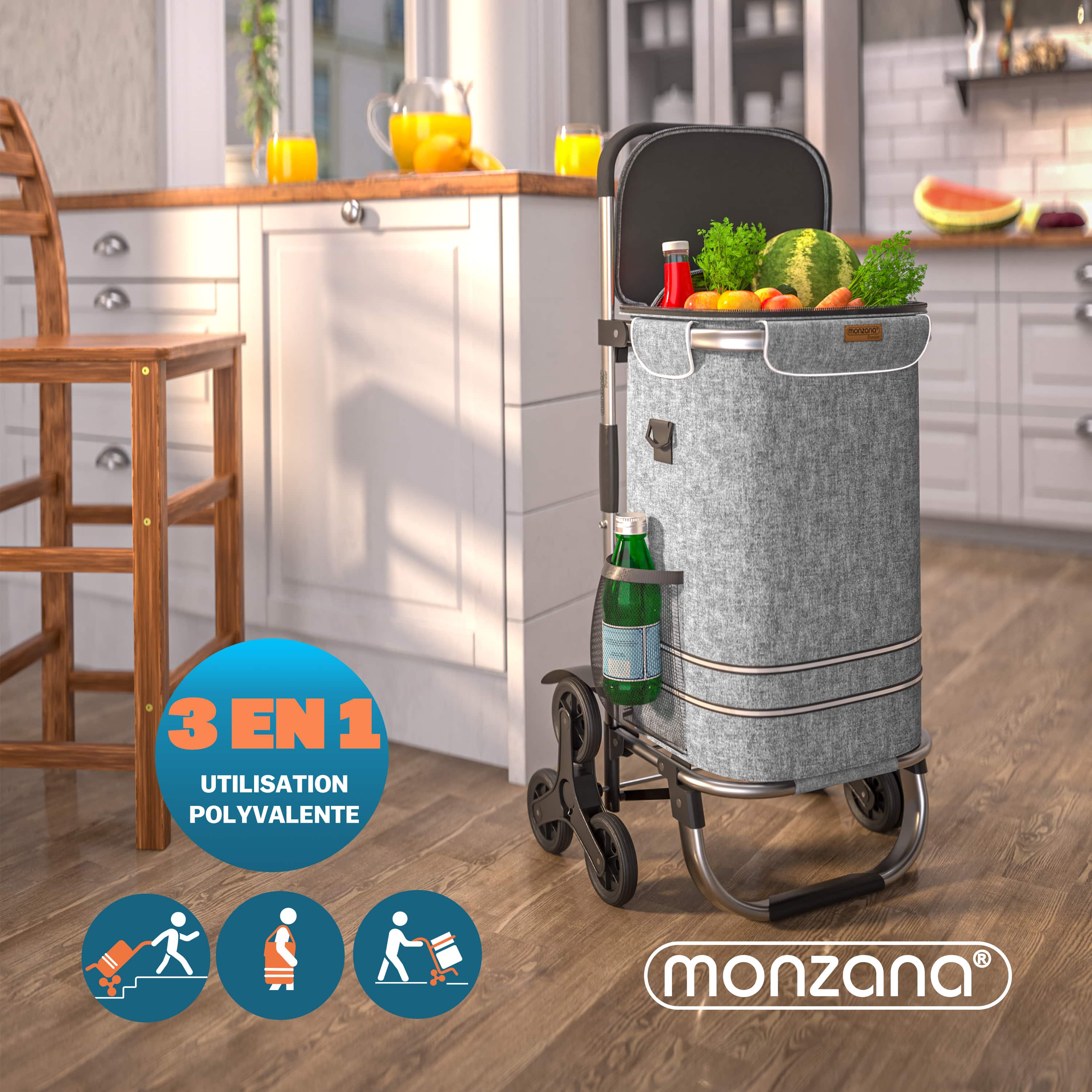 MONZANA® Chariot de courses gris merle 56 litres 3 en 1 pliable compartiment isotherme 6 roues bandes réfléchissantes - 2