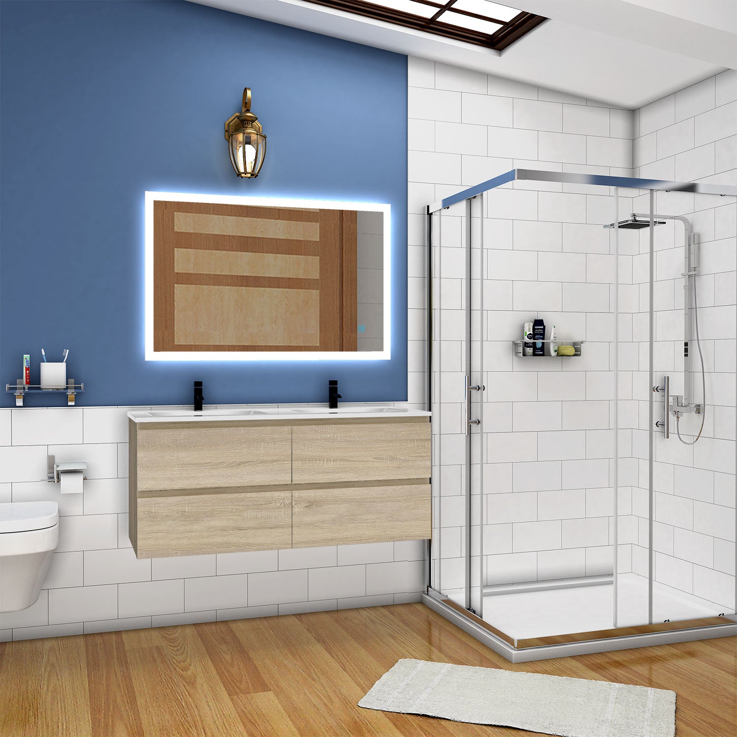 OCEAN 120(L)x46(P)x52(H)cm Meuble salle de bain naturel avec 4 tiroirs à une fermeture amortie avec deux vasques à suspendre - 4