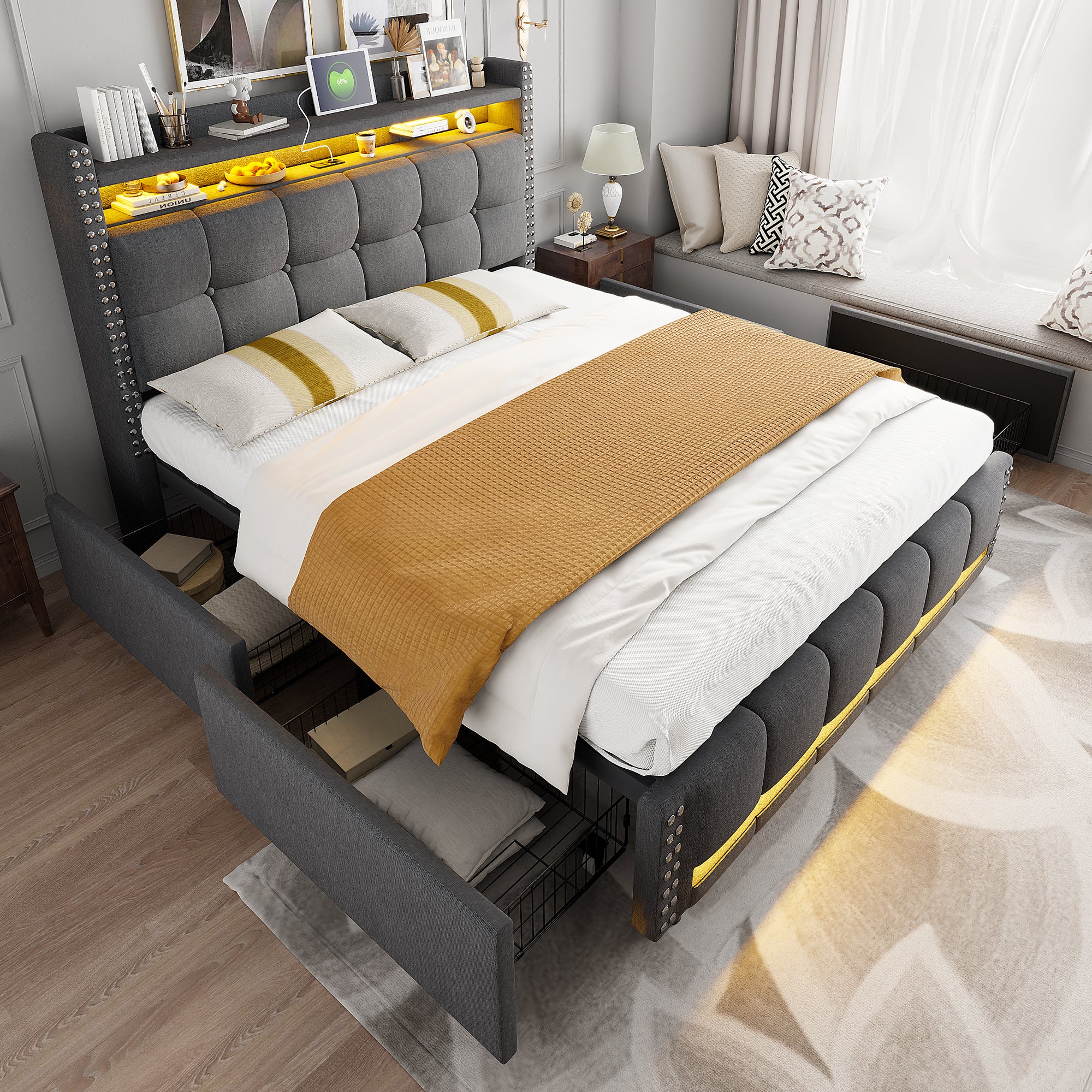 Łóżko 160x200 cm z poduszką - Główna część łóżka z szufladami do przechowywania - USB i LED - Tkanina lnianka szara - Stabilność 350 kg
