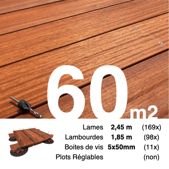 Kit terrasse bois exotique PADOUK pour 60 m² • Lames 2,45 m, lambourdes 1,85 m et visserie Inox • Livraison gratuite