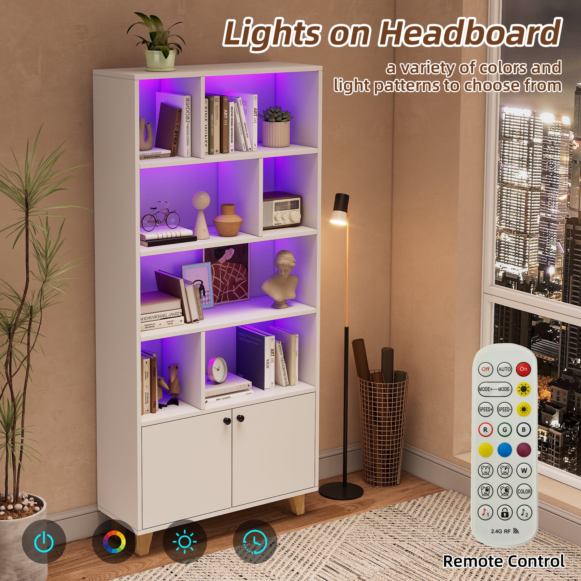 Librería con 2 puertas y compartimentos - 80 x 30 x 173 cm - LEDs - Patas de MDF y madera maciza - Blanco - 8