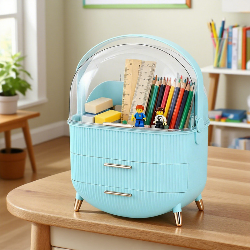 Nettlife luksusowy organizer do makijażu, duży i przenośny, wodoodporny pojemnik na kosmetyki z szufladami i uchwytem, jasnoniebieski