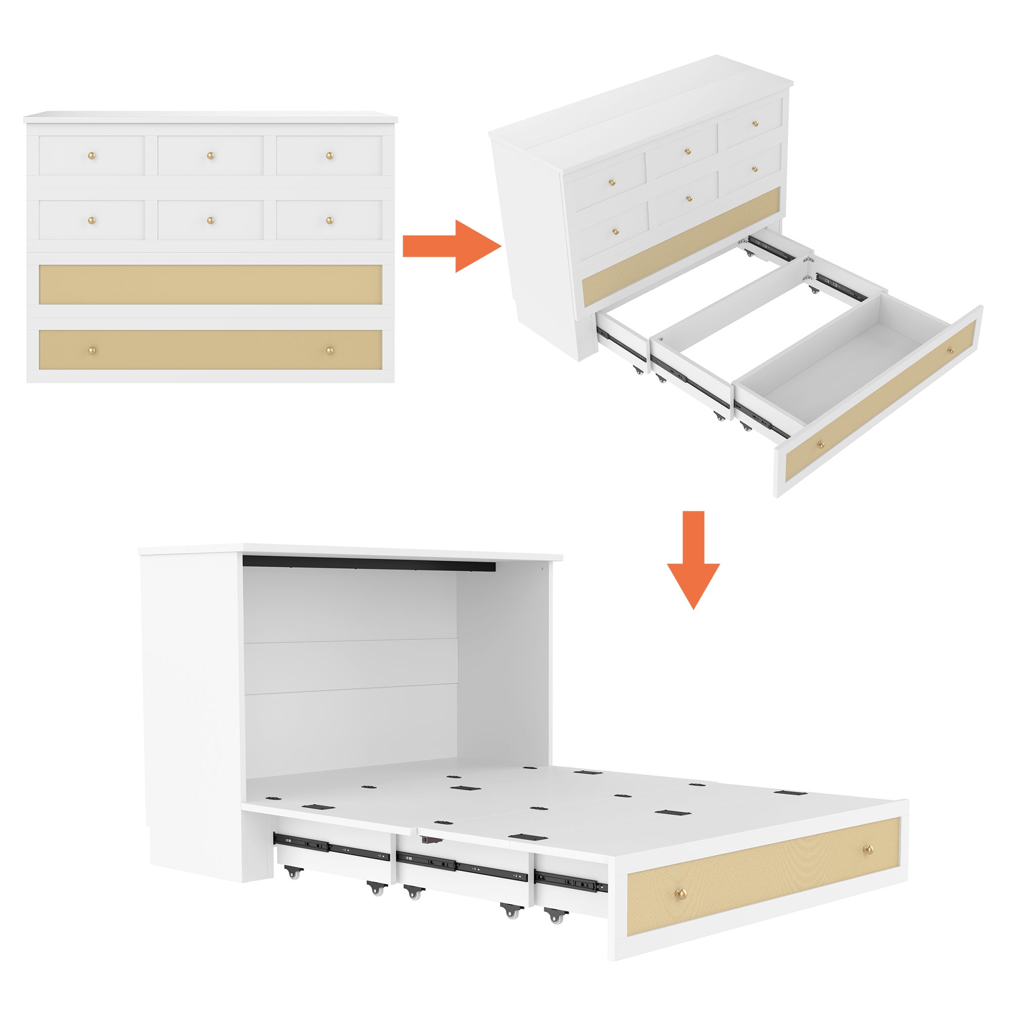 Lit escamotable, 140 x 200, Lit escamotable mobile avec tiroirs en bout de lit et étagère en tête de lit, avec prise USB et prise de courant, Lit plat - 3