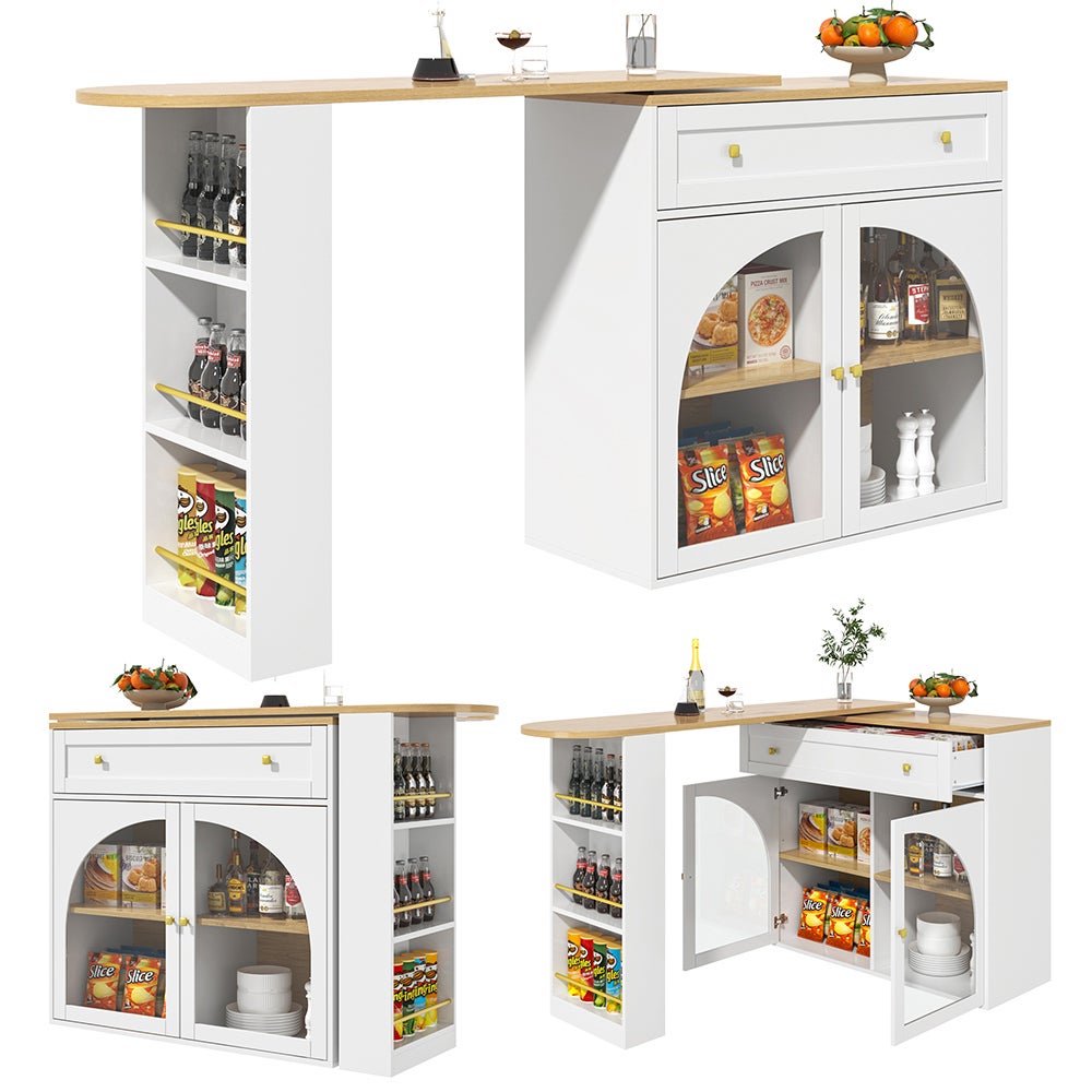 Table bar extensible 138-204x39x104cm pivotante 360°, blanc+verre - 4