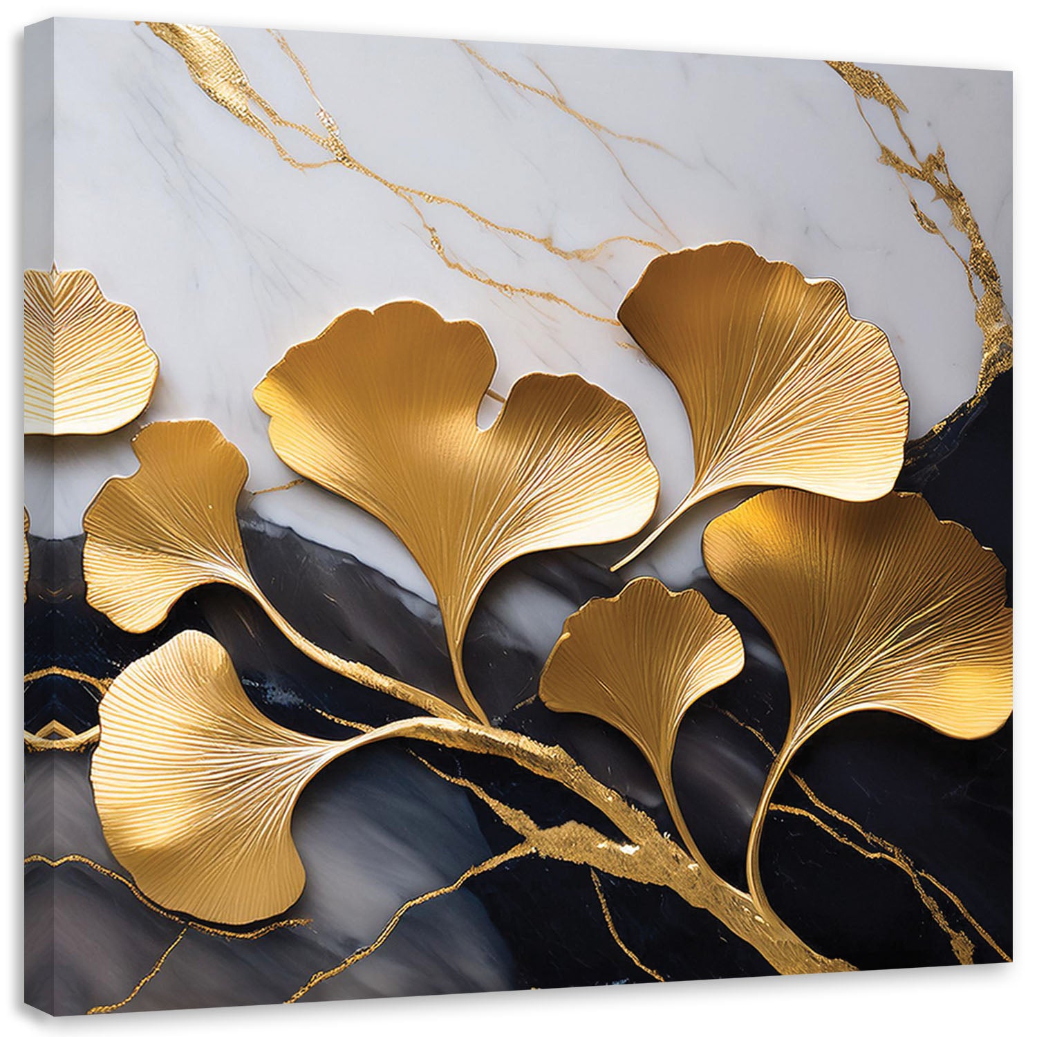Obraz na płótnie, Kwiaty Ginko Botanika Marmur Szaro Złoty 40x40