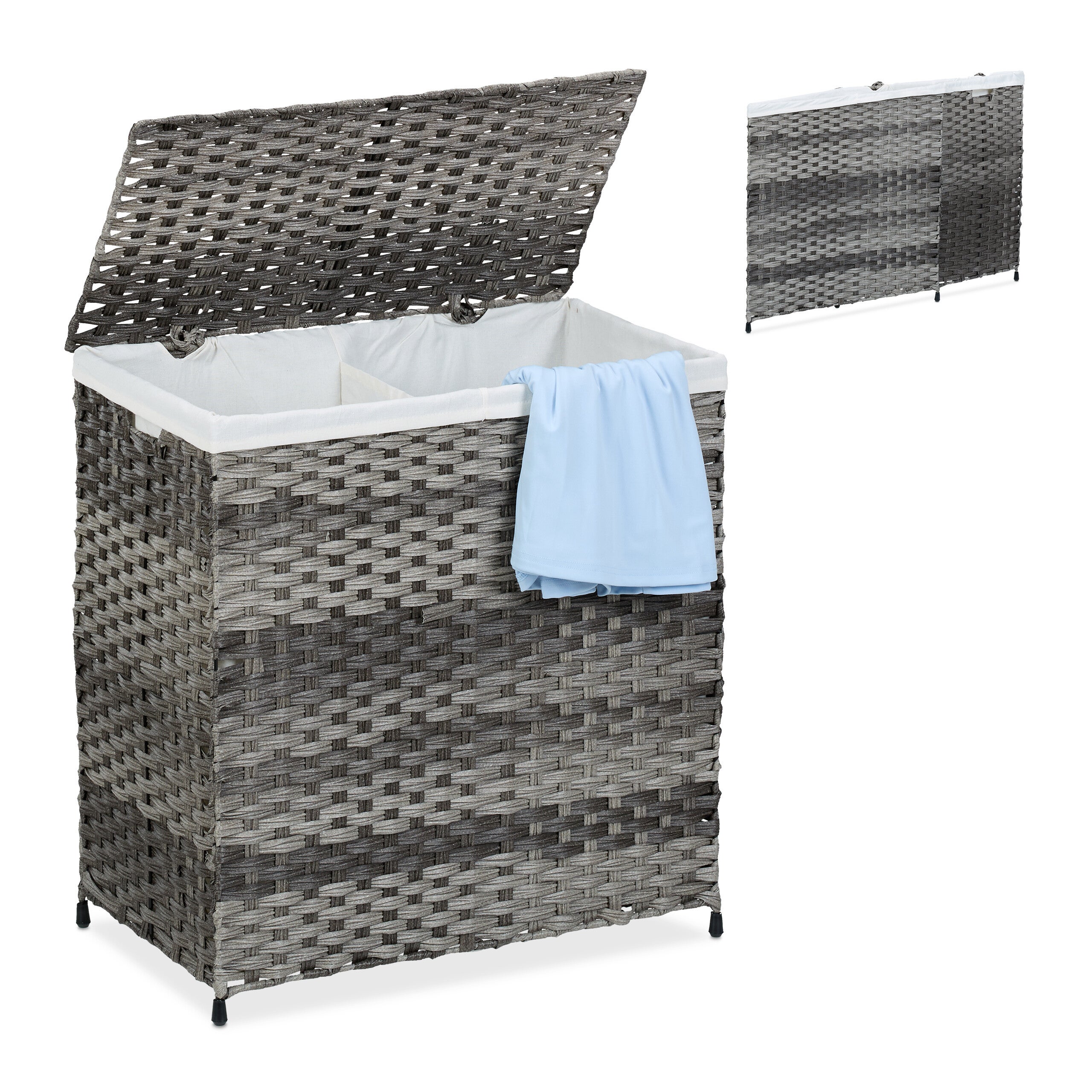 Panier à Linge 2 Compartiments 80L - Support Bambou Avec Roulettes, Gris