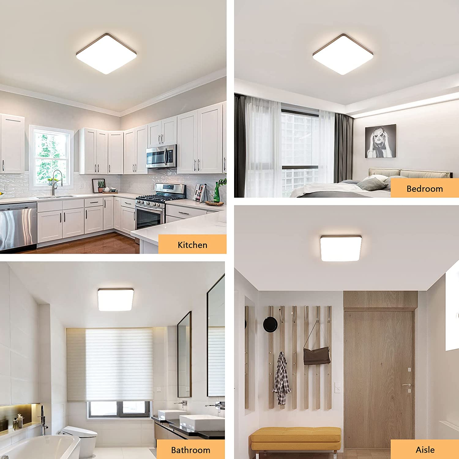 Plafón LED Baño GOECO, 36W 3200lm, Luz de techo Luz neutra 4000K para Cocina Pasill Dormitorio, Cuadrado D.23cm, Blanco - 4