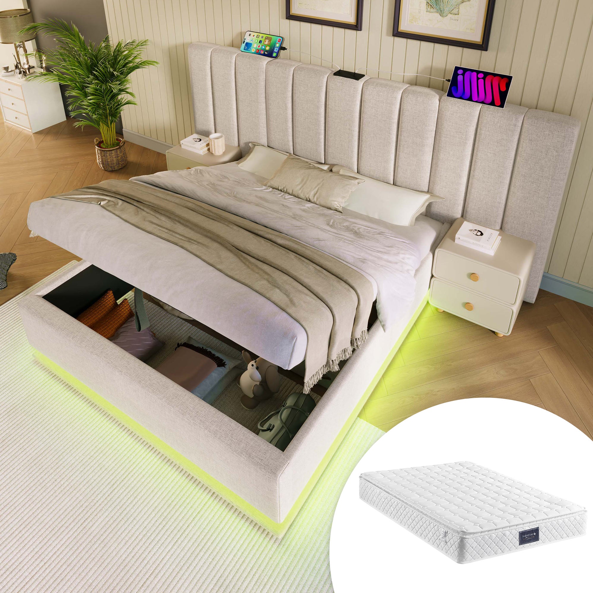 Bett 160x200 z LED i USB-C, Beige, Leinen, Stauraumbett z Lattenrost