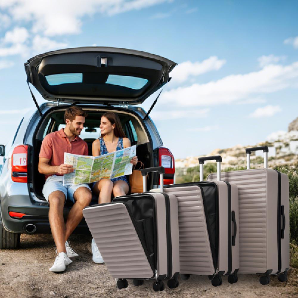 Juego de 3 maletas abs con apertura frontal, portavasos plegable, cerradura tsa y ruedas 360° m-l-xl