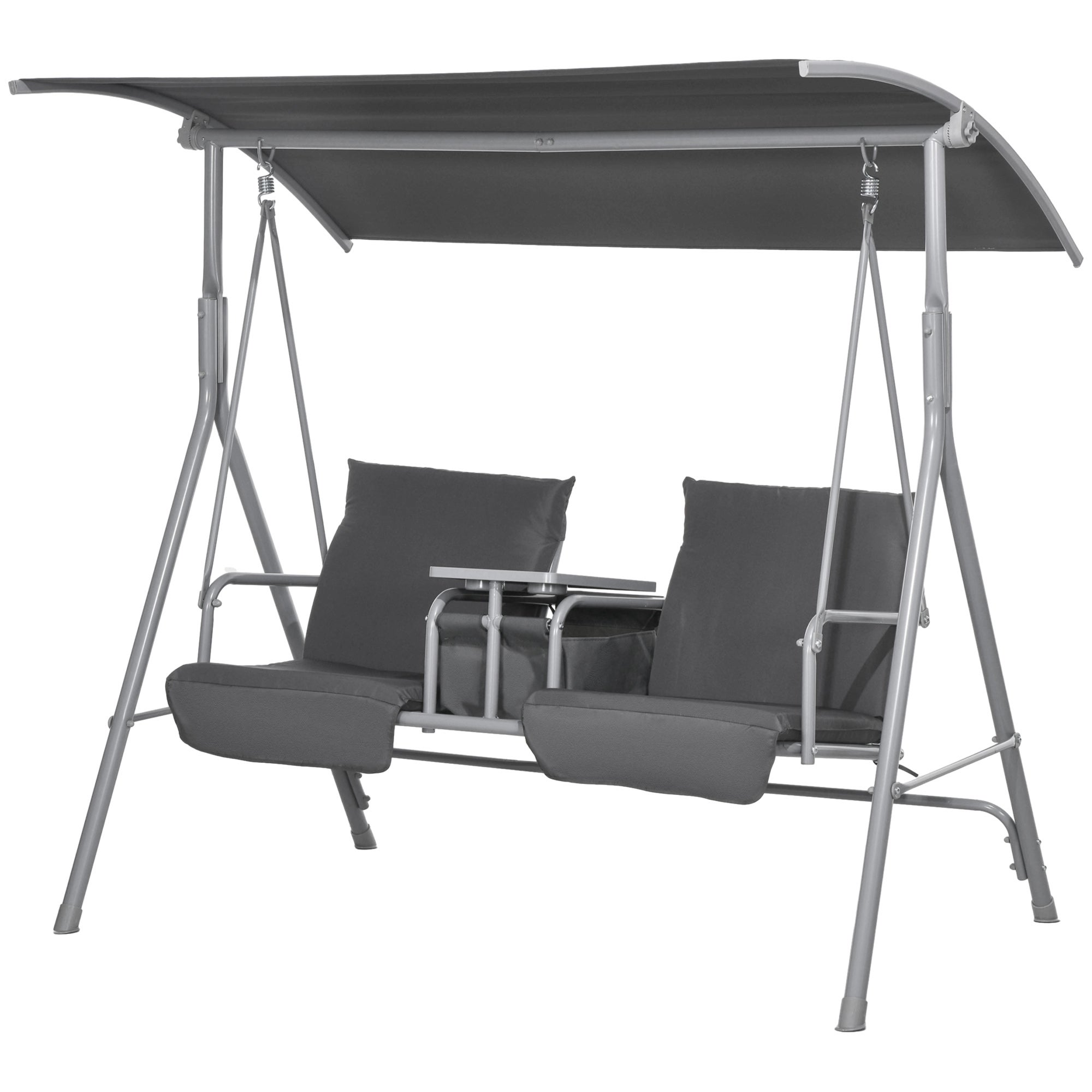 Fauteuil suspendu deux places style Hollywood, avec auvent et table, structure en métal, 175 cm x 110 cm x 165 cm, noir - 2