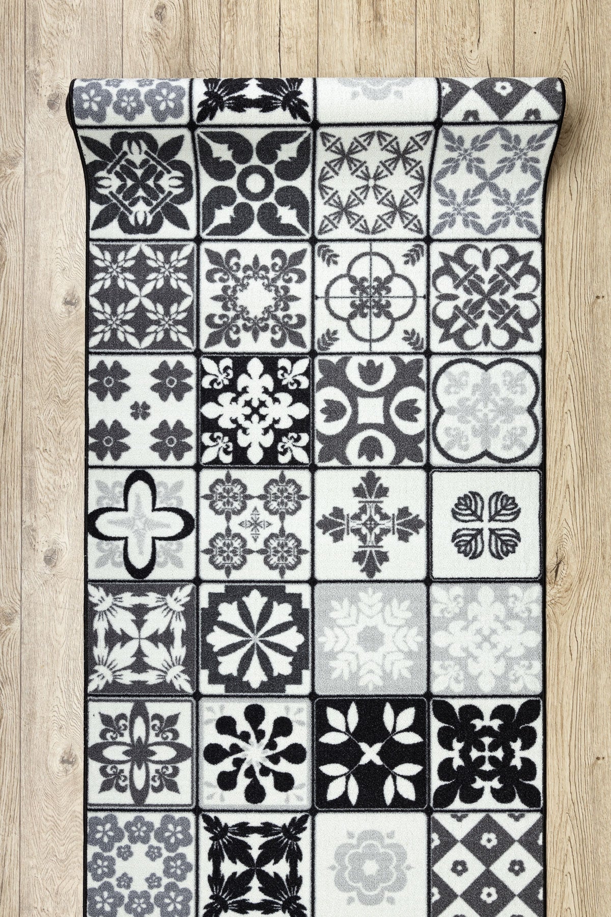 TAPIS DE COULOIR antidérapant AZULEJO PATCHWORK, CARREAUX DE LISBONNE gris / noir 110x520 cm - 4