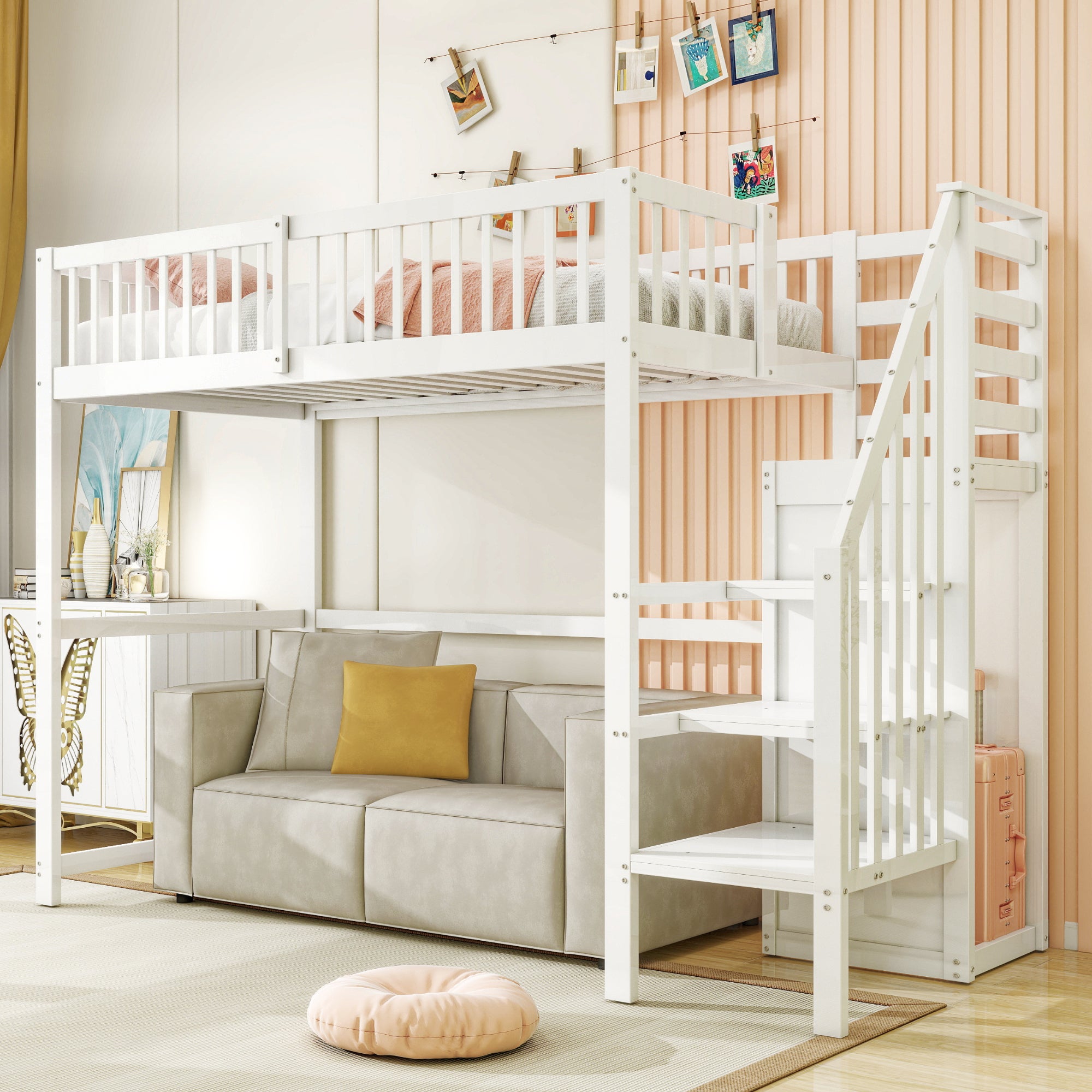 Lit mezzanine 90x200 avec escalier, lit enfant en bois blanc avec étagère de rangement, armoire simple - 2