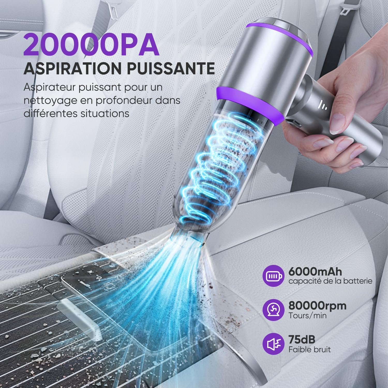 Aspirateur de voiture puissant, 16&nbsp;000 PA, 4 en 1, 3 vitesses, avec filtre HEPA, mini sans fil - 3
