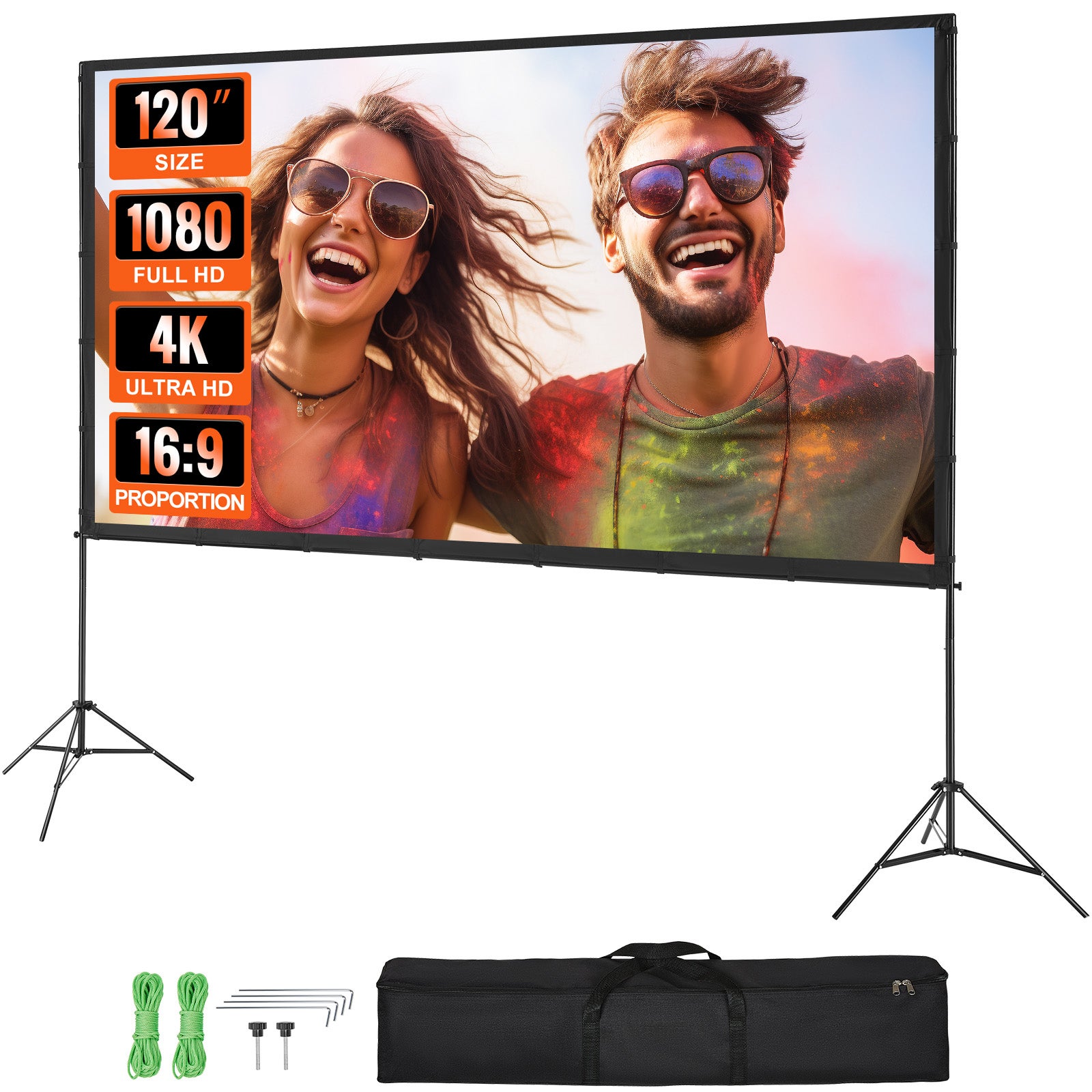 Ekran projekcyjny ze stojakiem 120 cali HD 4K zewnętrzny ekran projektora do wnętrz Szybko składany przenośny ekran filmowy 16:9 do kina domoweg VEVOR