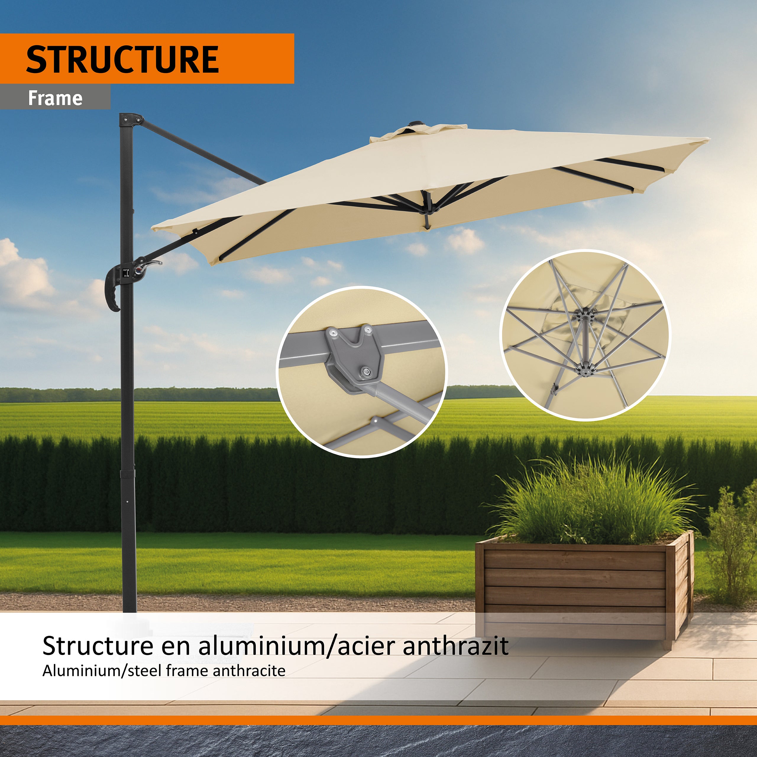 Parasol déporté Schneider Rhodos Junior naturel, 230 x 230 cm – rotatif 360°, avec housse - 3