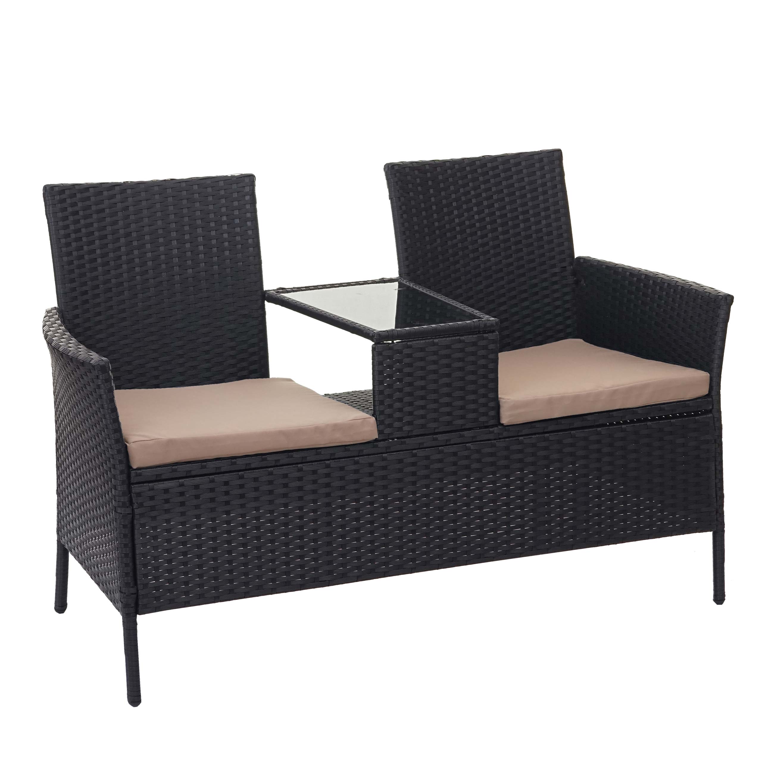Ławka z polyratanu ze stolikiem HWC-E24, zestaw ogrodowy, sofa ogrodowa, 132 cm ~ czarna, poduszki w kolorze kremowym