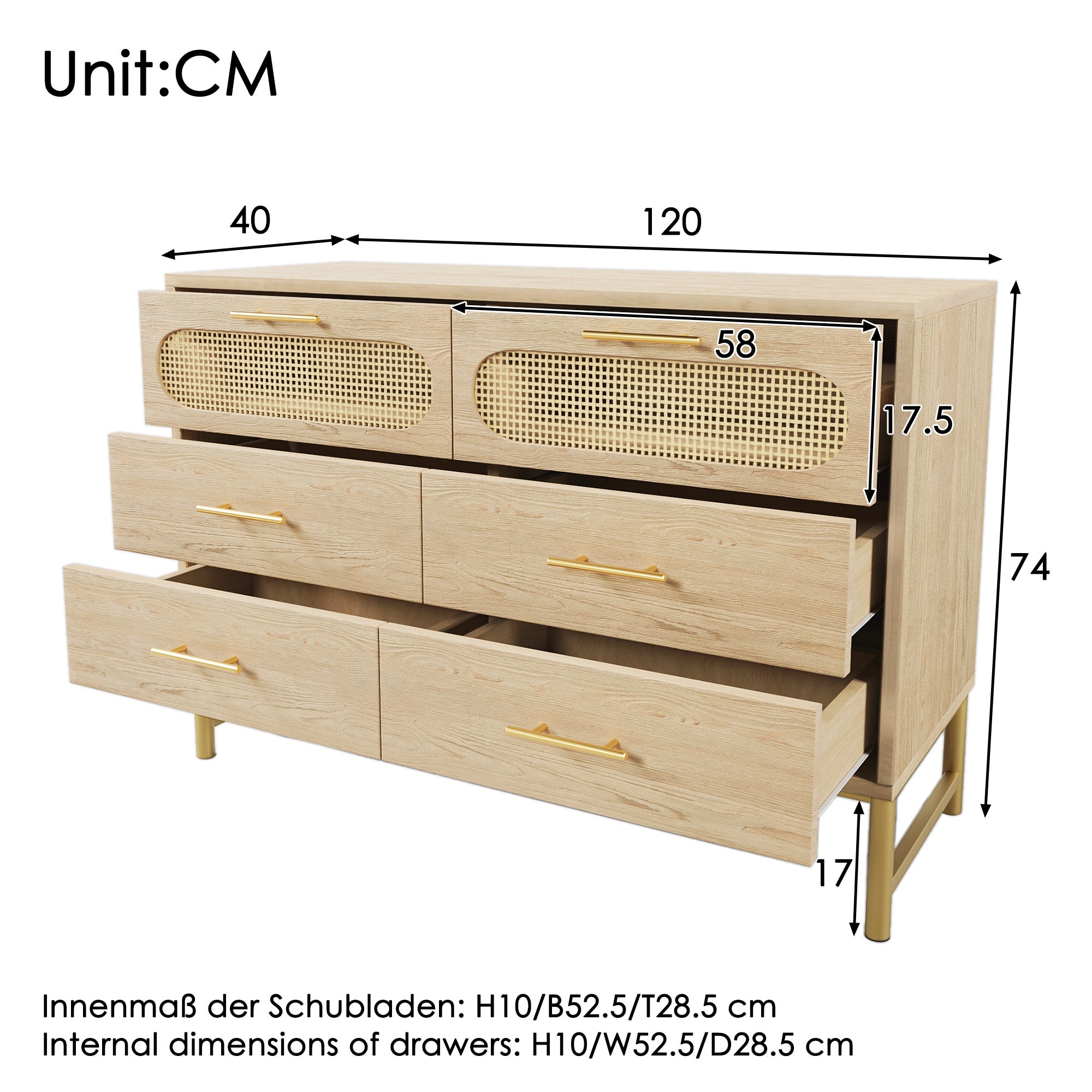 Cassettiera in rattan con 6 cassetti, per soggiorno e camera da letto, maniglie in metallo, antiribaltamento, 120 x 40 x 74 cm, rovere Sonoma - 2