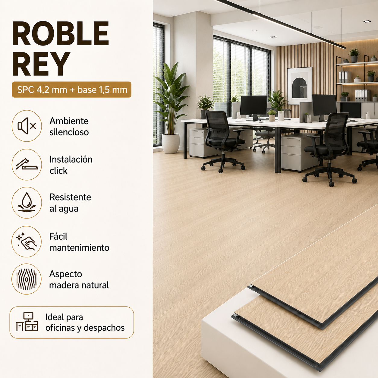 Arquiservi® - SPC XL Suelo vinílico Roble Rey【2,23 m²】- 5,7 mm - Uso comercial y oficinas | Resistente y estable | Cálido y silencioso - 2