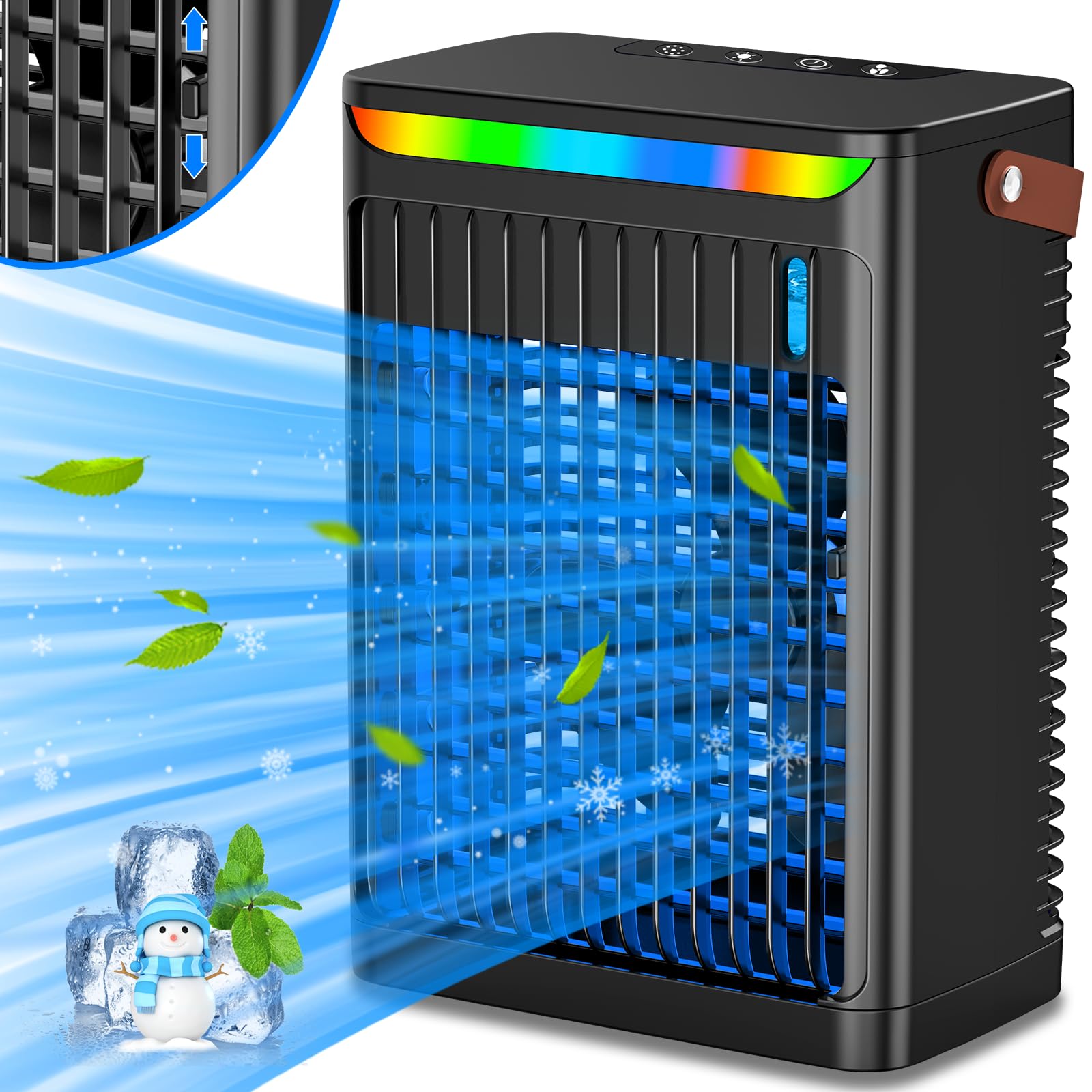 Nawilżacz, wentylator, klimatyzator natryskowy, wentylator wodny z kolorowym światłem pilotowym, czarny