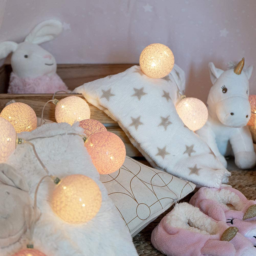 Guirlande lumineuse boules coton LED USB - Télécommande sans fil - Veilleuse bébé 2h - Adaptateur inclus - 4 intensités - 16 boules 3,2m - Princesse - 3