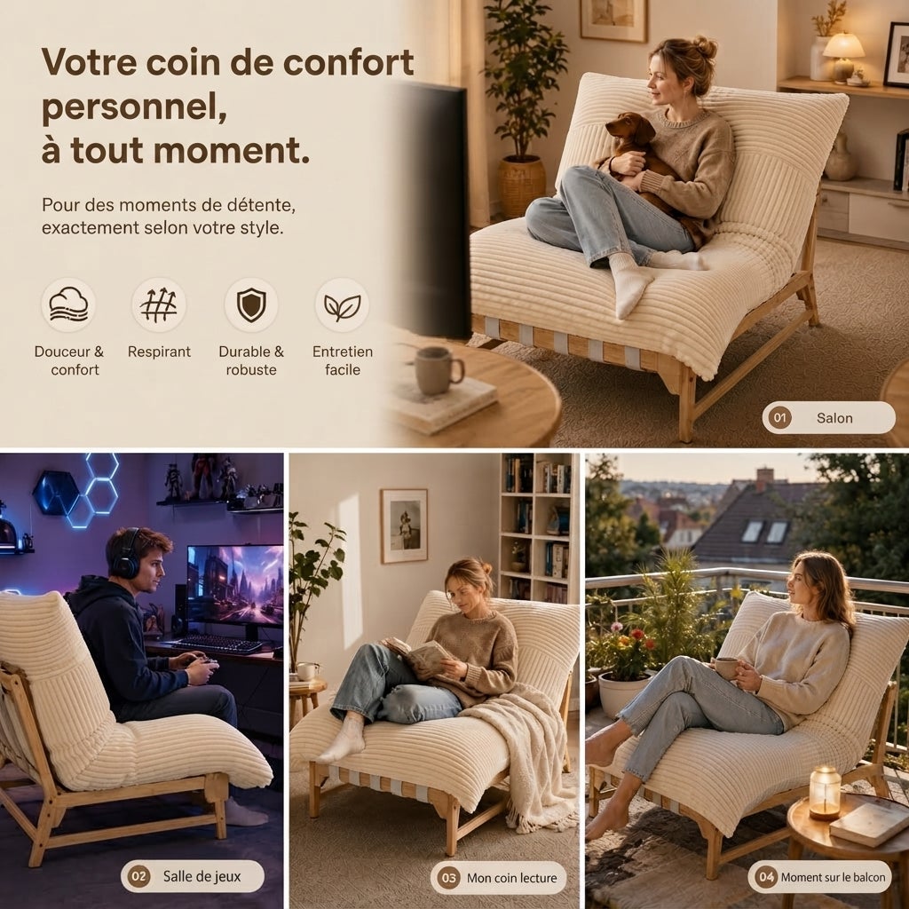Fauteuil Lounge XXL, Velours Côtelé, Chaise Ergonomique, Fauteuil Salon, 114x117x94cm, Beige - 6