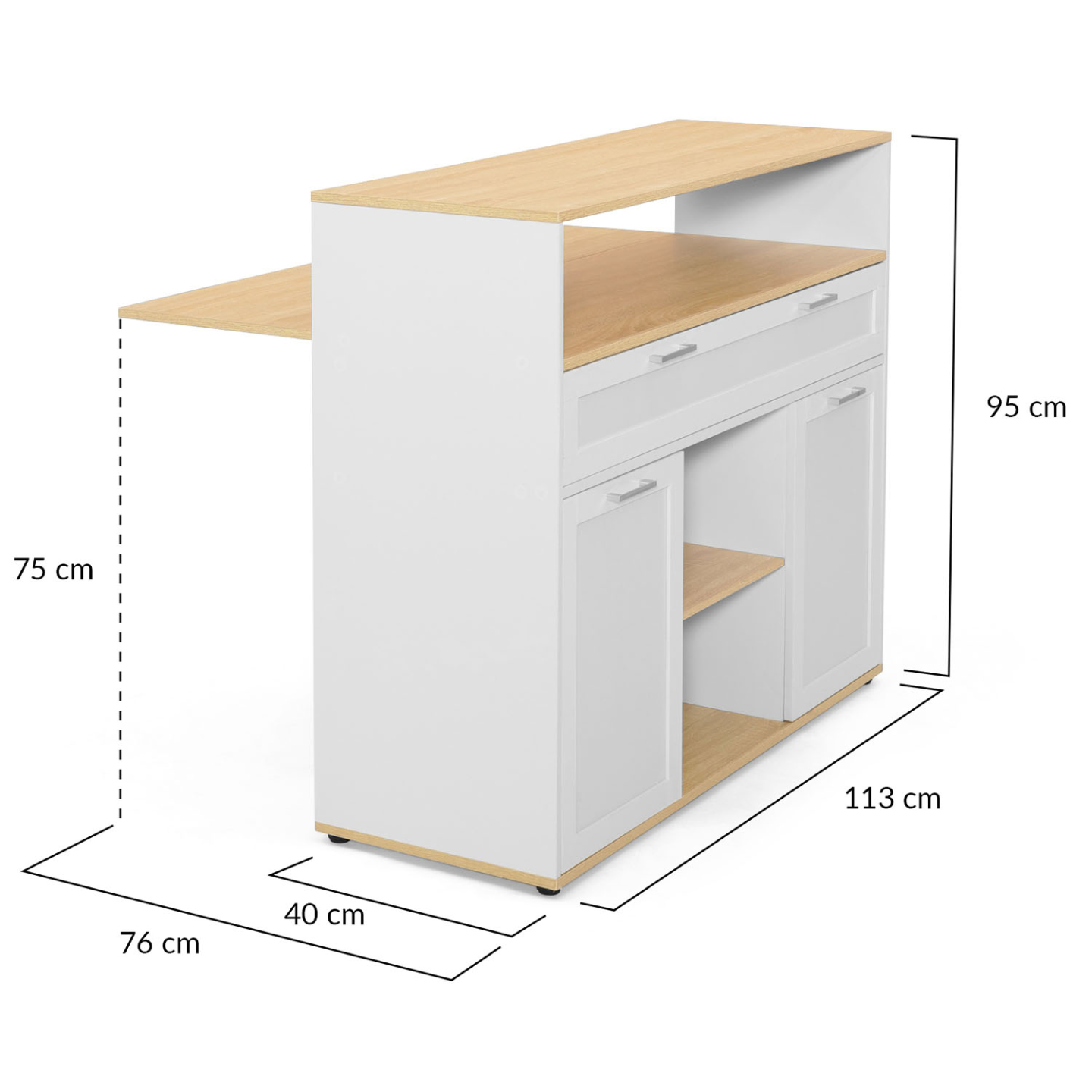 Meuble de bar extensible en table à manger 2 personnes VITO blanc et plateau bois - 5